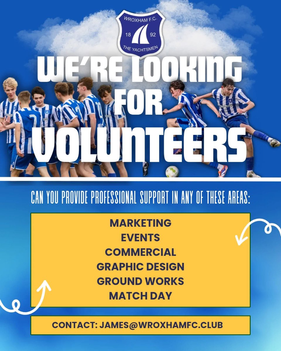 💙🤍 Fancy volunteering at our Club?

We are looking for fantastic people who can provide professional support in the following areas:

🤝 Marketing
🎇 Events
💷 Commercial
🖼 Graphic Design
👷‍♀️ Ground Works
⚽️ Match Day

Contact james@wroxhamfc.club to get involved!