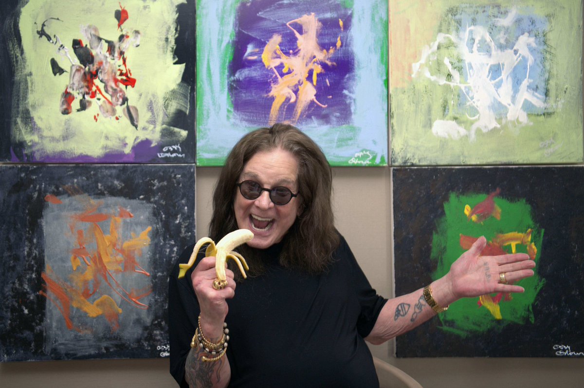 OzzyOsbourne's tweet image. I’ve never sold my paintings. But these abstract collaborations I did with ape artists from @SaveTheChimps are now available at @OmegaAuctions to raise funds for the sanctuary. Each signed painting is named for one of my songs, and there are only five, so bid now for your…