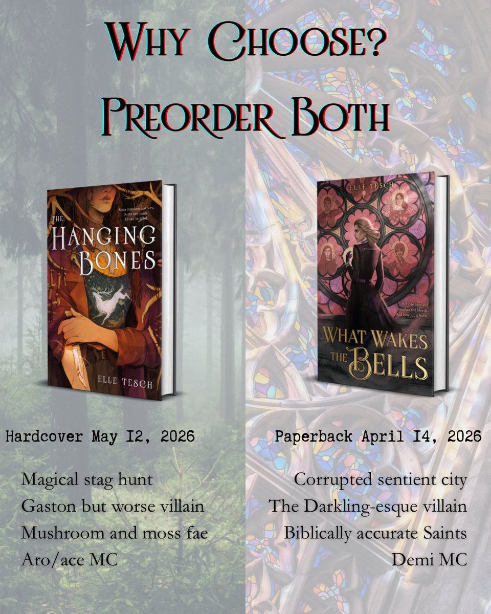 zipitelle's tweet image. Did you know I have two books up for preorder and 25% off at Barnes and Noble right now? What Wakes the Bells comes out in paperback (with a cheeky little bonus chapter 👀) April 14, and The Hanging Bones releases May 12!

Also please enjoy my really bad but important photoshop.