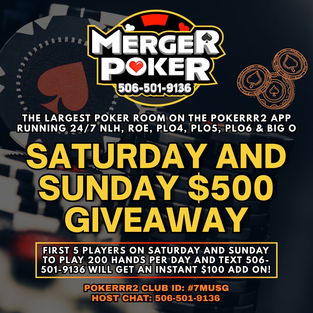 MergerRoom's tweet image. ‼️SATURDAY &amp;amp; SUNDAY $500 GIVEAWAY AND INSTANT $100 ADD ON‼️

💰$.50/1, $1/3, $2/4 $2/5/10 Cash Games💰⏰Operating Nonstop, 24/7⏰🔥Proven &amp;amp; Tested Since 2021🔥📞Text: 506-501-9136 📞🔥Pokerrr2 Club Id: 7MUSG🔥