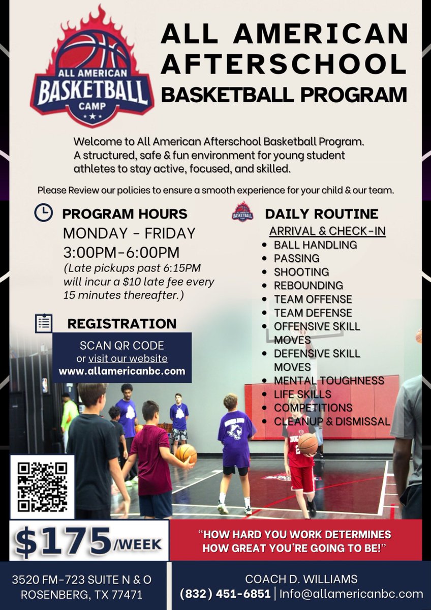 🚨AFTER SCHOOL🚨

Our After-School Basketball Program helps students improve their skills, work as a team, and stay active in a fun &amp; supportive setting. 

Suitable for all levels, it emphasizes basics like dribbling, shooting, &amp; more while promoting discipline and sportsmanship.