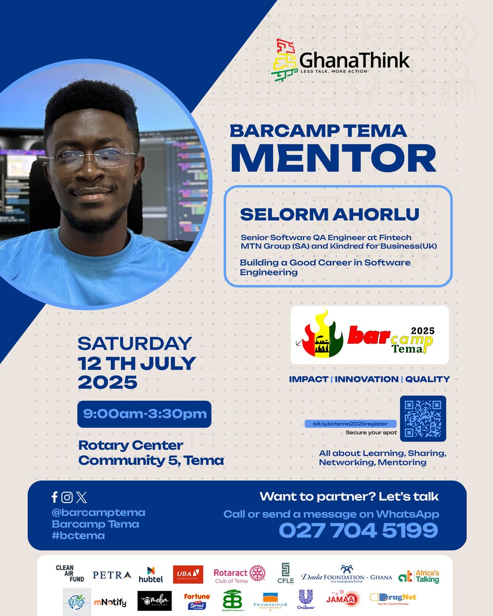 Barcamp Ghana by @GhanaThink (@barcampghana) on Twitter photo #BarcampTema on July 12, #Tema00: #learning, #sharing, #networking & #mentoring.
Register: bit.ly/bctema2025regi…
#bctema mentor: Selorm Ahorlu <a href="/selormonray/">Selorm Onray</a> | Senior Software #QAEngineer @ #Fintech MTN Group & Kindred for Business | #SoftwareEngineering cc <a href="/BarcampSunyani/">Barcamp Sunyani #bcsyi</a> #BarcampTema on July 12, #Tema00: #learning, #sharing, #networking & #mentoring.
Register: bit.ly/bctema2025regi…
#bctema mentor: Selorm Ahorlu <a href="/selormonray/">Selorm Onray</a> | Senior Software #QAEngineer @ #Fintech MTN Group & Kindred for Business | #SoftwareEngineering cc <a href="/BarcampSunyani/">Barcamp Sunyani #bcsyi</a>