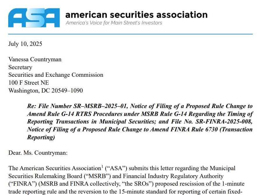 🚨 NEW: ASA today sent a letter to the <a href="/SECGov/">U.S. Securities and Exchange Commission</a> outlining governance and decision-making failures at the <a href="/MSRB_News/">MSRB</a> and <a href="/FINRA/">FINRA</a> throughout the one-minute trade reporting rulemaking and subsequent rule reversal back to 15 minutes.

"The totality of failures related to this
