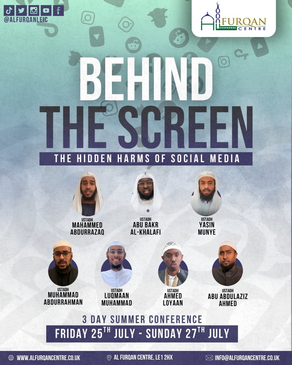📱 BEHIND THE SCREEN
🔥 The Hidden Harms of Social Media 🔥
A 3-day summer conference exploring how social media is affecting our īmān, mental health, and relationships — often without us realising.

🔗 Join our WhatsApp Announcements Group: chat.whatsapp.com/DNS6nROIKSZ3Hc…