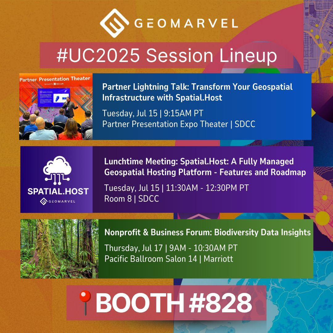 🚨 Big week at #EsriUC2025! Catch us at these sessions:

⚡ Spatial.Host Lightning Talk: Tues 7/15, 9:15AM
🚀 Spatial.Host Roadmap: Tues 7/15, 11:30AM
🌿 Biodiversity Session by NatureServe: Thurs 7/17, 9:00AM

Add to your schedule → bit.ly/40x7qjB