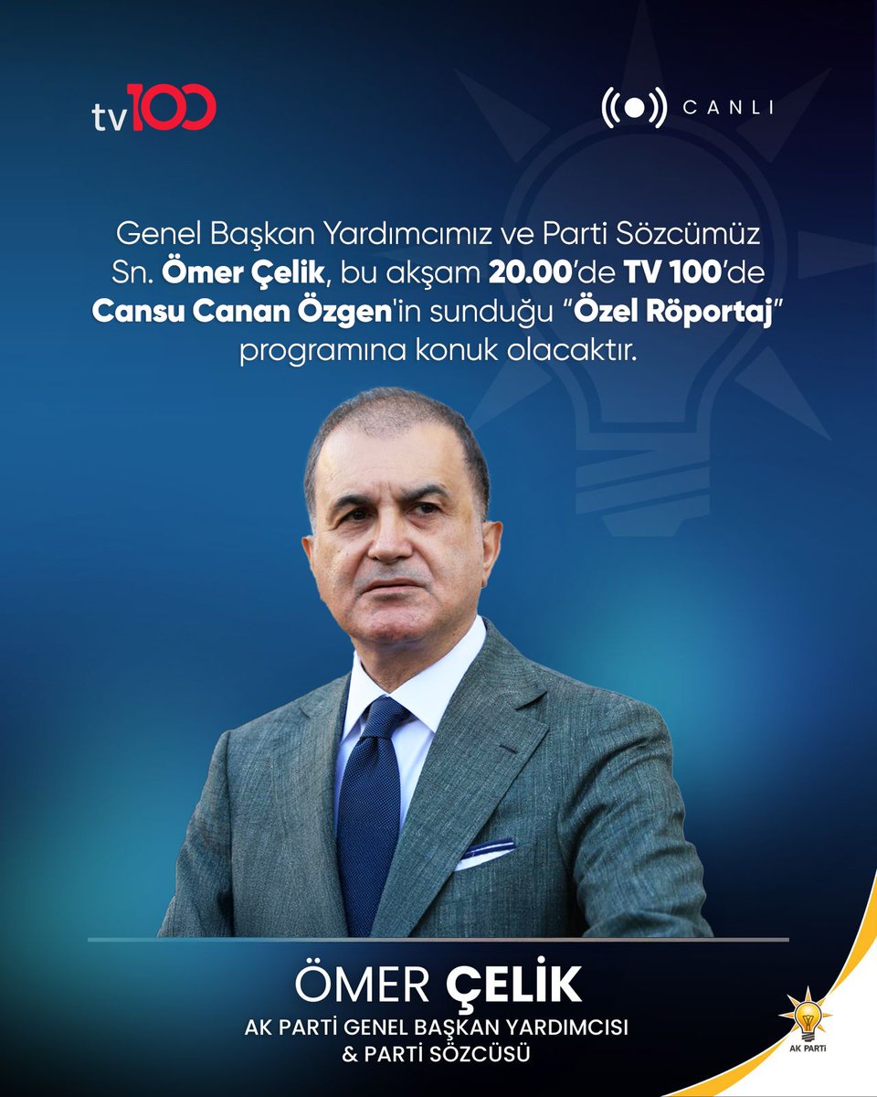 Genel Başkan Yardımcımız ve Parti Sözcümüz Sn. Ömer Çelik, bu akşam 20.00’de TV 100’de Cansu Canan Özgen'in sunduğu “Özel Röportaj” programına konuk olacaktır.