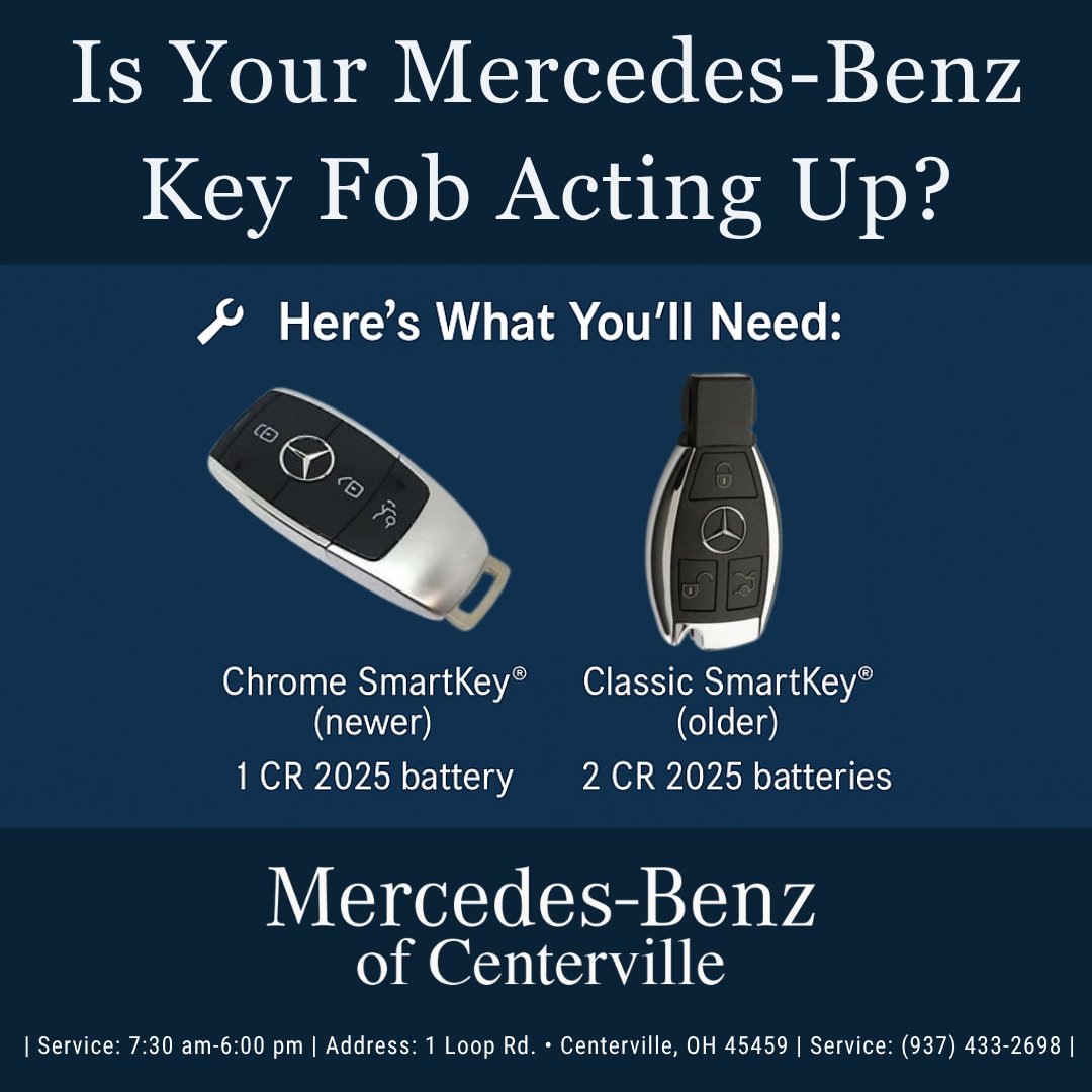 MBofCenterville's tweet image. 🔋 Is your Mercedes-Benz key fob acting up? Replace the battery! ⚠️ Warning signs: trouble starting, locking/unlocking issues. Visit us! #MercedesBenzOfCenterville #KeyFobHelp #BatteryReplacement #LuxuryService #SmartKey #DriveWithConfidence #CentervilleService #SpringboroDrivers