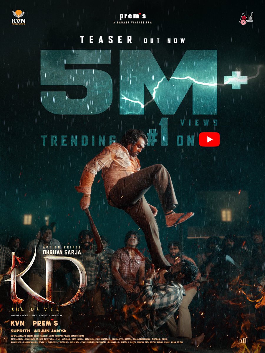 KvnProductions's tweet image. This is the era of the DEVIL 🔥
#KDTeaser storms its way to 5️⃣ MILLION+ views and takes the No.1 Trending Spot on YouTube 💥
▶️ youtu.be/wFmgarVBY1s
#KDTheDevil #KD @DhruvaSarja @directorprems @duttsanjay @Ramesh_aravind #VRavichandran @TheShilpaShetty #NoraFatehi…