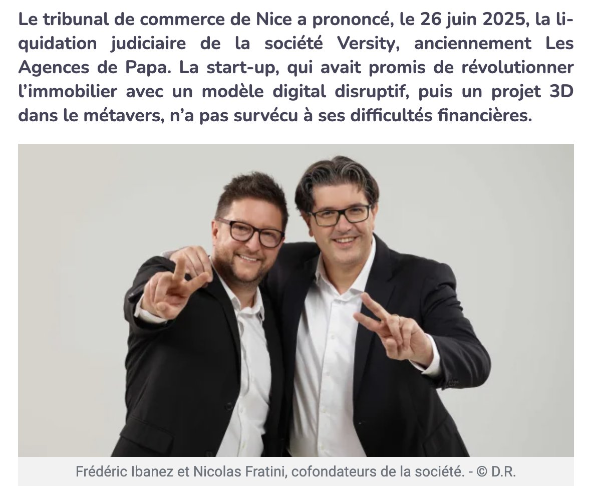 IMMOMATIN's tweet image. #IMMOBILIER | Après Les Agences de Papa, pour Versity c’en est fini aussi. Le tribunal de commerce de Nice a prononcé, le 26 juin 2025, la liquidation judiciaire.
EXPLICATIONS ➡️ buff.ly/g8TELu5
#marcheimmobilier #tribunal @agencesdepapa