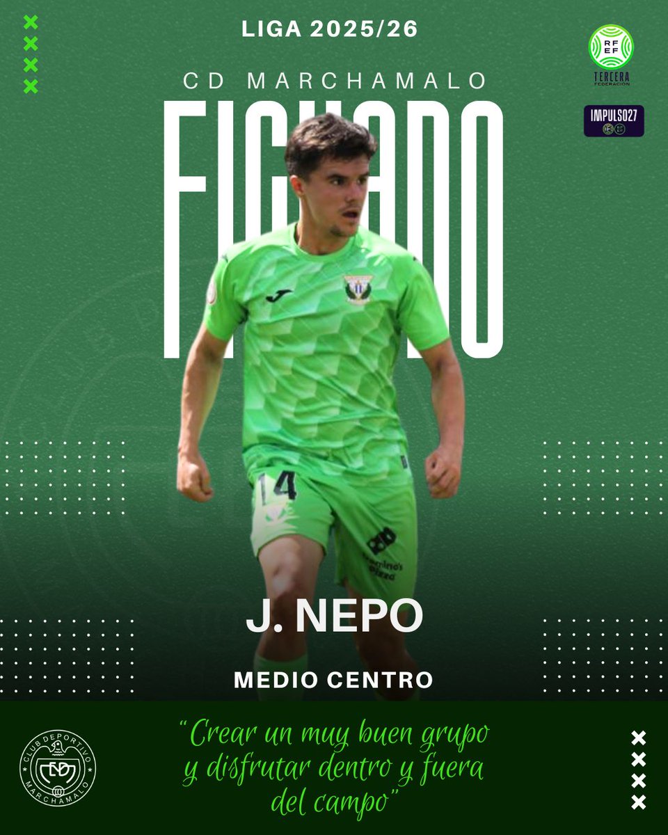 📢 FICHAJE: "J. NEPO", ORDEN Y CRITERIO PARA NUESTRO MEDIO CAMPO

Este mediocentro madrileño de 23 años, llega desde el Villarrubia CF tras su paso por los filiales del Leganés y el Alcorcón.

Con él ya son trece los jugadores confirmados 💚

+INFO 📲  cdmarchamalo.es/nepo-nuevo-fic…
