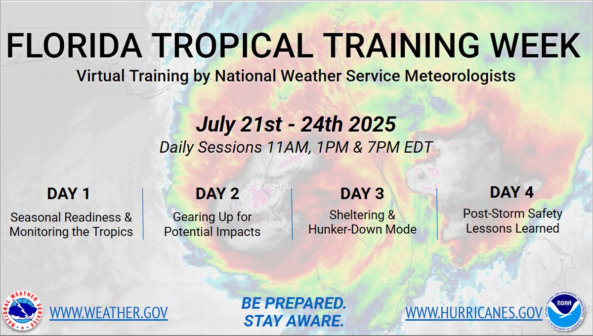 NWSTallahassee's tweet image. Get ready for hurricane season! 🌀
Join NWS Florida for a FREE virtual tropical training week, July 21-24, 2025. Learn about readiness, sheltering, & post-storm safety.
Great info for #FLwx, #ALwx, & #GAwx residents!
Register: weather.gov/jax/FloridaTro…