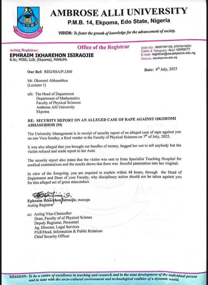 AAUEhub's tweet photo. SECURITY REPORT ON AN ALLEGED CASE OF RAPE AGAINST OKOROMI ABHASEBHOR (M) https://t.co/Ca5aJUm6Bx