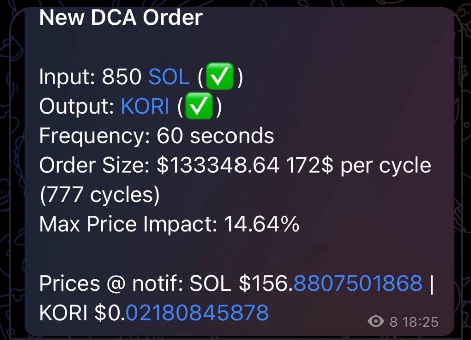 JUST IN: 850 $SOL ($133.000) DCA ORDER ON $KORI