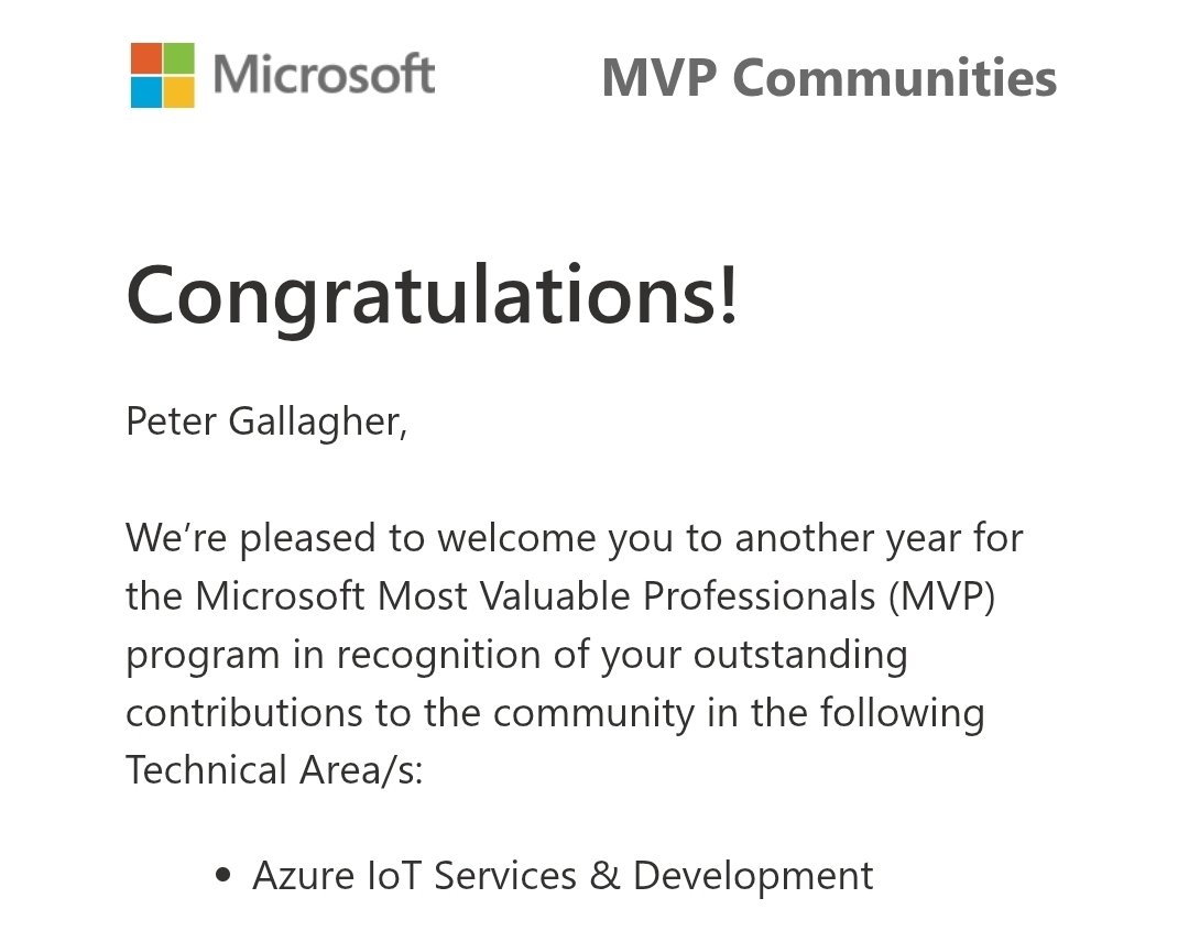 Pete Gallagher - Azure #MVPBuzz (@pete_codes) on Twitter photo Very proud and honoured to have been renewed for my 6th year as a <a href="/Microsoft/">Microsoft</a> #MVP in the <a href="/Azure/">Microsoft Azure</a> IoT Services and Development category!
<a href="/msdev/">Microsoft Developer</a> @msdevuk #MVPBuzz Very proud and honoured to have been renewed for my 6th year as a <a href="/Microsoft/">Microsoft</a> #MVP in the <a href="/Azure/">Microsoft Azure</a> IoT Services and Development category!
<a href="/msdev/">Microsoft Developer</a> @msdevuk #MVPBuzz