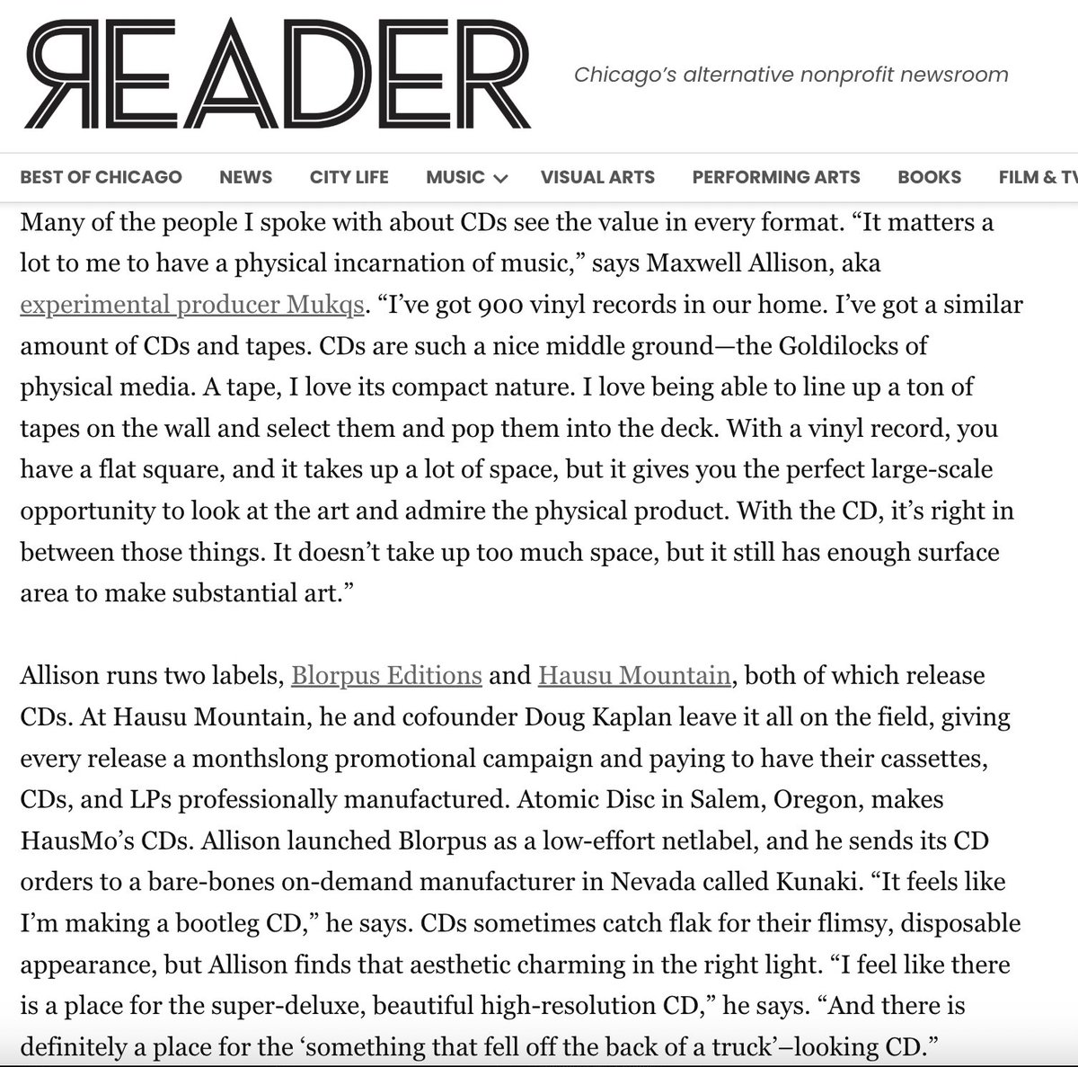 when we say "CDs are back" we're not playing around ok. look, the Chicago Reader says its true. they're back, we promise

thank you to Leor for hitting me up to weigh in on the important topic of CDs being back. i had some things to say 💿📀