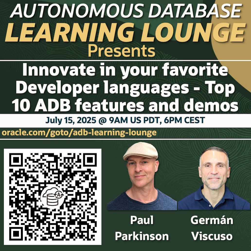 Want to innovate without switching APIs or stacks? 🚀
Join us July 15 to see how Oracle Autonomous Database powers the languages &amp; tools you love!
✅ Live demos
✅ Top 10 features in action
✅ Source code you can use
Register: apexadb.oracle.com/ords/r/tech/ca…
#Oracle #Dev #ADB #Innovation