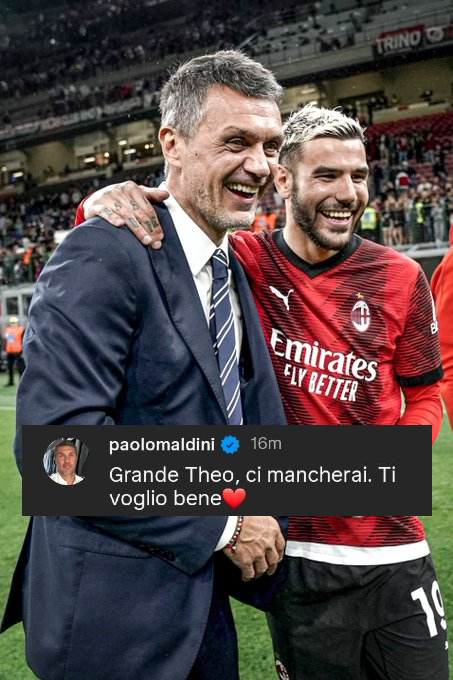 MilanXtra's tweet image. 📲🥹 | Paolo Maldini leaves a comment on Theo Hernandez's IG post bidding farewell to #ACMilan:

"Grande Theo, you will be missed. I love you." ❤️