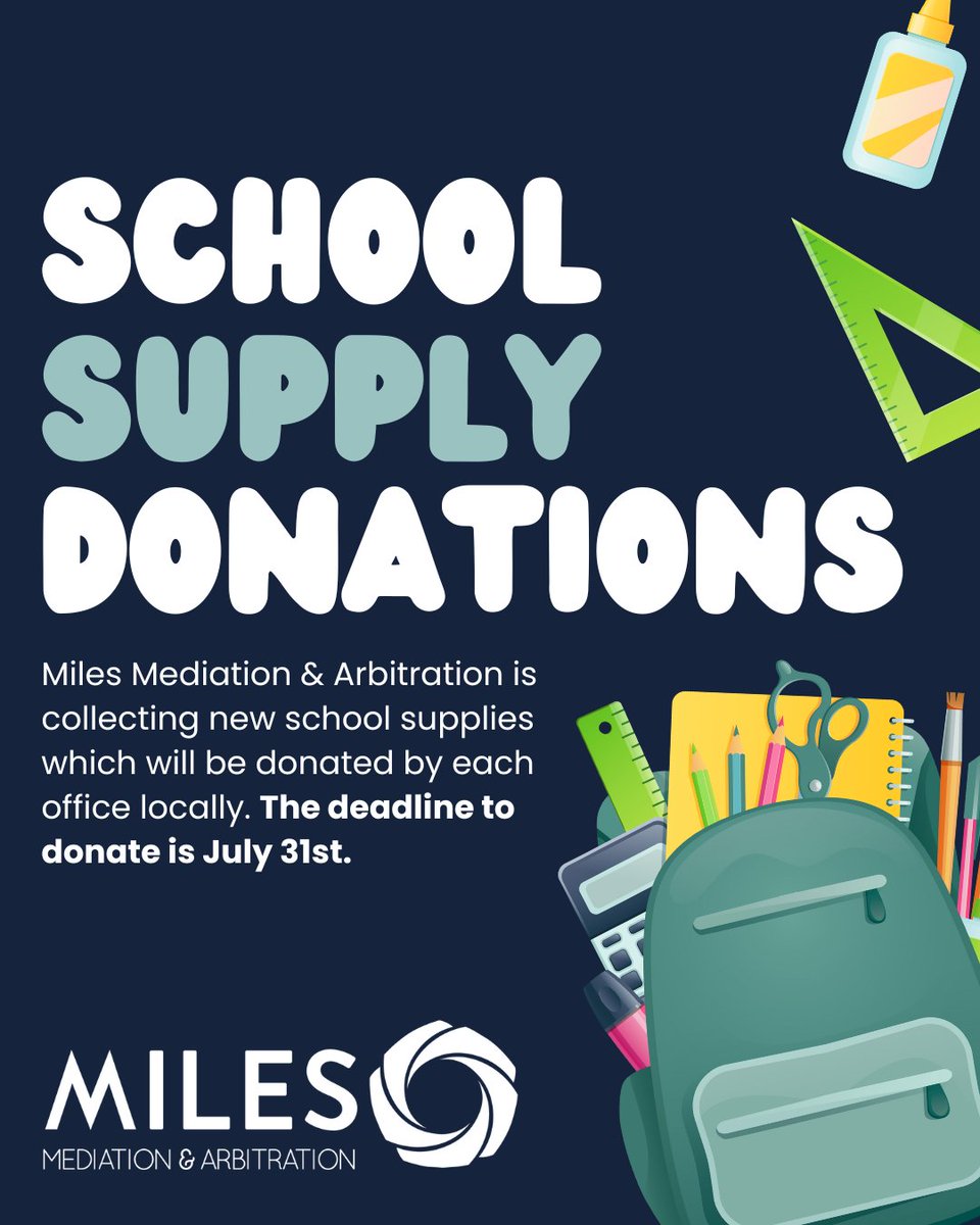 Miles is collecting new school supplies to support students in need — and we’d love your help! 📚✏️

Drop off at any Miles office or ship with a note for the supply drive.

🗓️ Deadline: July 31
Thanks — we appreciate your support!
#MilesAboveTheRest #BackToSchool #SupportStudents