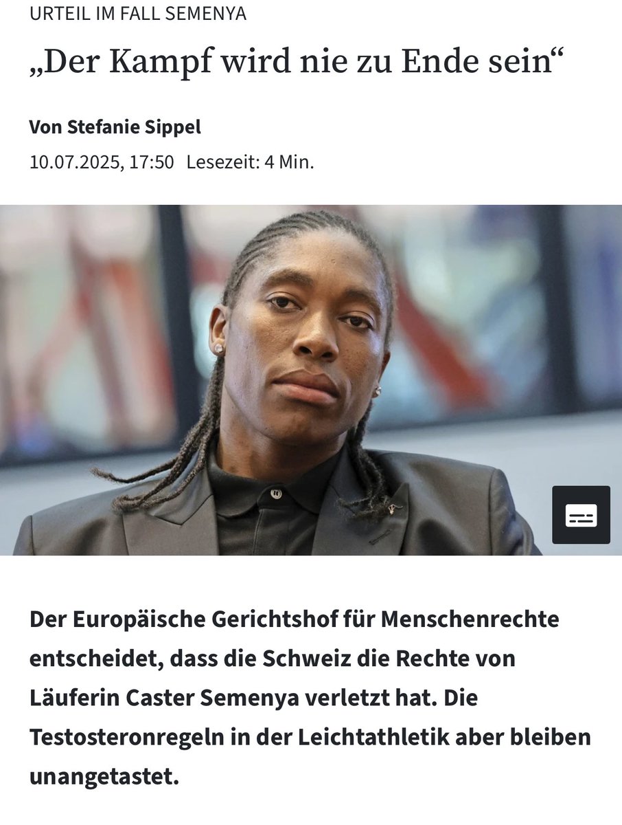 Wir werden heute wieder mit Desinformation durch „Journalisten“ geflutet, die dafür bezahlt werden, nicht mal 5 Minuten zu recherchieren.

Der „meine Hoden machen mich nicht weniger zu einer Frau“ Semenya ist ein Mann und Vater von zwei Kindern. 46XY 5ARD ist eine