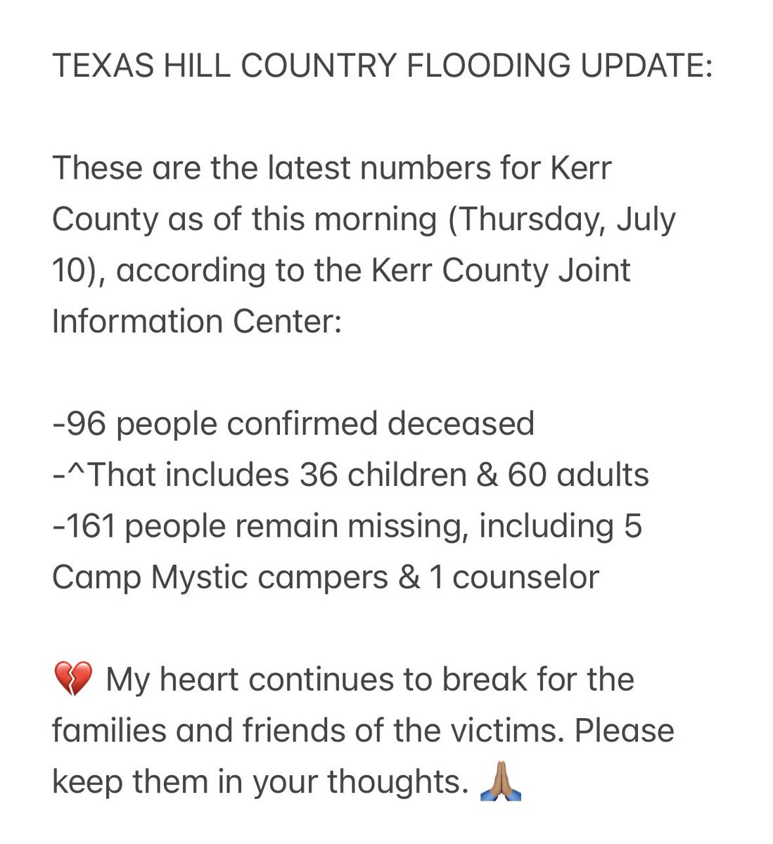 orko_manna's tweet image. #UPDATE: 96 confirmed deceased in Kerr County — including 36 children & 60 adults — as of the morning of Thursday, July 10. @KHOU