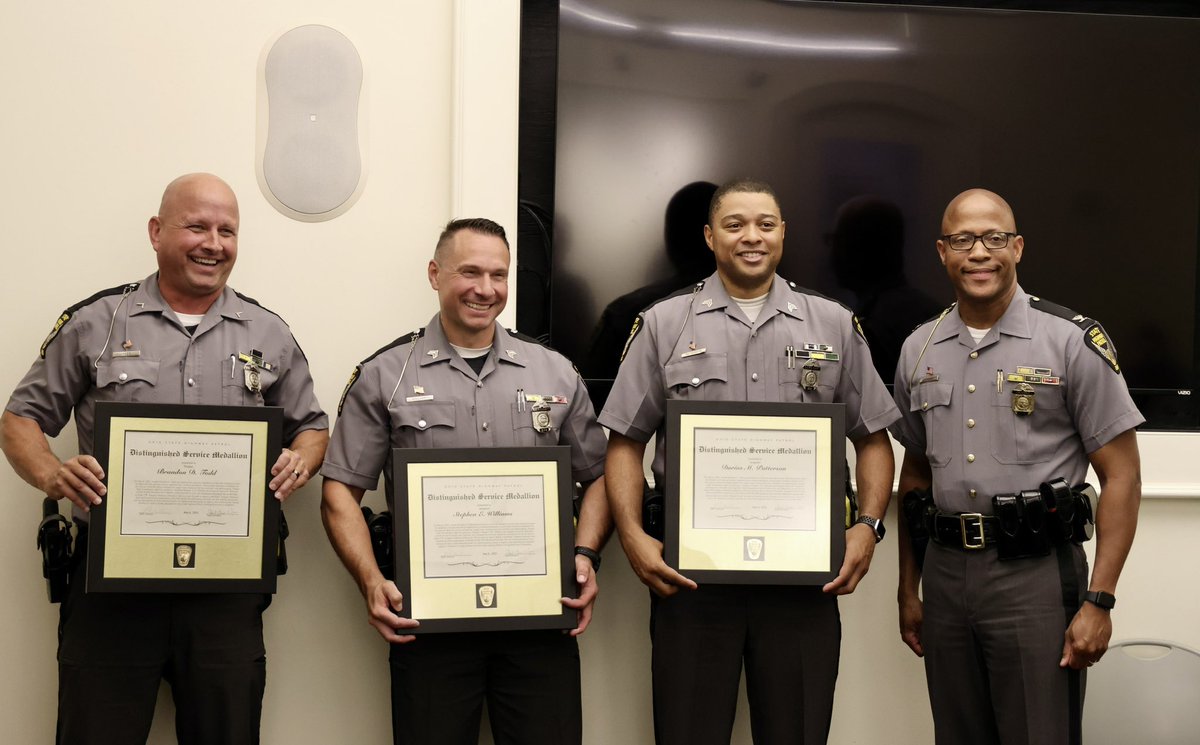 Trooper Todd and Sergeants Williams and Patterson received the Distinguished Service Medallions for life-saving actions during a medical emergency that took place at the Ohio Statehouse on May 6. They worked hard to save a visitors life until EMS arrived. Thank you gentlemen!