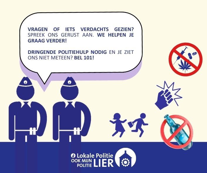 Wij houden tijdens Lier Centraal - zichtbaar en onzichtbaar - een oogje in het zeil zodat jij met volle teugen kan genieten van de optredens!

Doe niet te zot en niet te zat. Gewoon genieten!

De verkeersmaatregelen voor Lier Centraal vind je terug op lier.be/mobiliteit/wer…