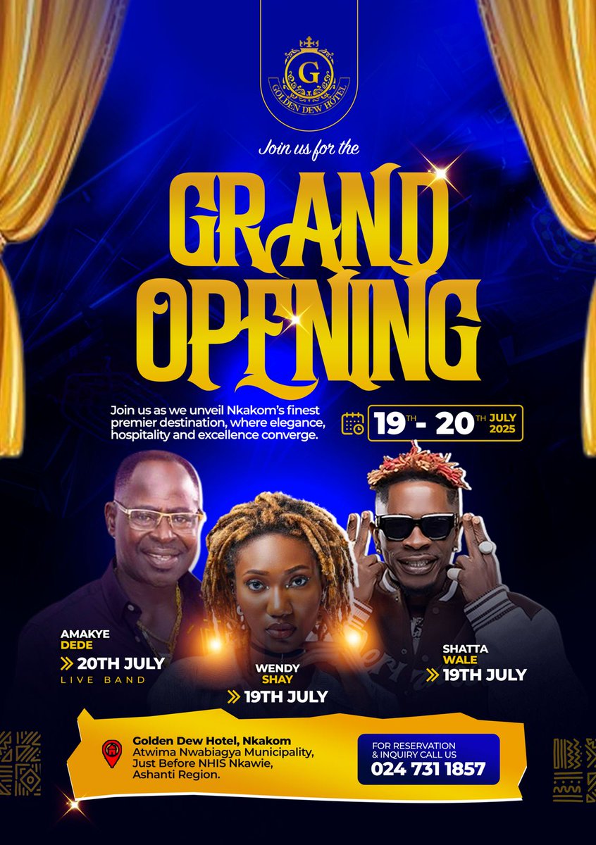 Ebenezer Donkoh (NY DJ) (@nydjlive) on Twitter photo We are having a good time during the official opening of Golden Dew Hotel from 19th July to 20th July inside Nkakom.
2 days of non-stop partying
Big night out with <a href="/wendyshaygh/">Wendy Shay</a> and <a href="/shattawalegh/">SHATTA WALE</a> on 19th July and legendary Amakye Dede on Sunday, July 20.
Come experience the We are having a good time during the official opening of Golden Dew Hotel from 19th July to 20th July inside Nkakom.
2 days of non-stop partying
Big night out with <a href="/wendyshaygh/">Wendy Shay</a> and <a href="/shattawalegh/">SHATTA WALE</a> on 19th July and legendary Amakye Dede on Sunday, July 20.
Come experience the