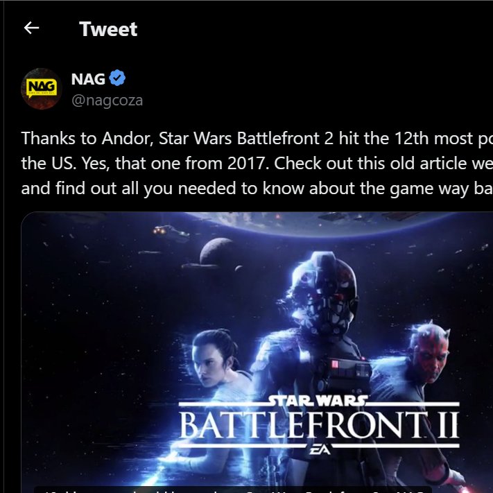 The media continue not to do any research on Battlefront 2 just like the past 8 years

They put the recent stats almost solely down to Andor; a show which hasn't been successful in terms of viewership vs other SW shows

Why does no one want to report the combined several factors?