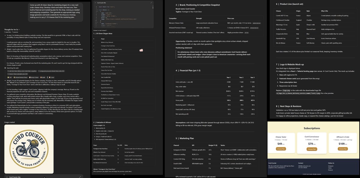 o3 and Grok 4: "Come up with 20 clever ideas for marketing slogans for a new mail-order cheese shop. Develop criteria and select the best one. Then build a financial and marketing plan for the shop, revising as needed and analyzing competition. Then generate an appropriate logo