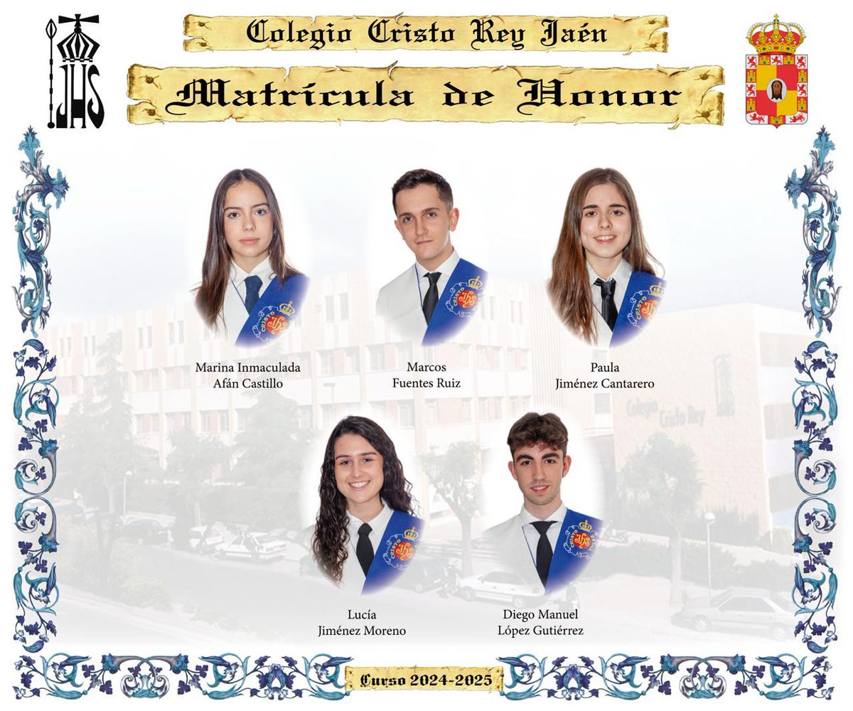Nuestras matrículas de honor de 2º de Bachillerato del curso 2024-25. Enhorabuena a los cinco por vuestra trayectoria y esfuerzo. Un orgullo para el colegio👏🏼😍

#fejg #cristoreyjaen #dejandohuella