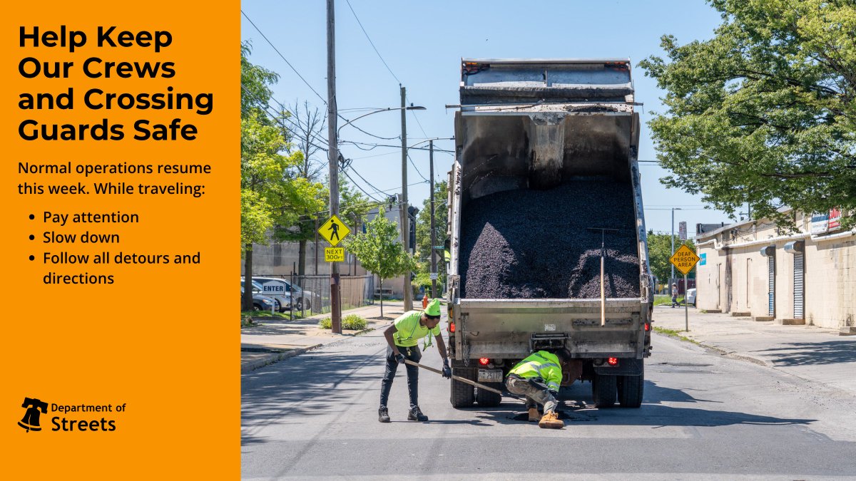 Department of Streets crews and staff will resume normal operations over the coming days and be fully operational by Monday, July 14.
Help keep our crews and crossing guards safe. Pay attention, slow down, and follow all detours and directions while traveling.