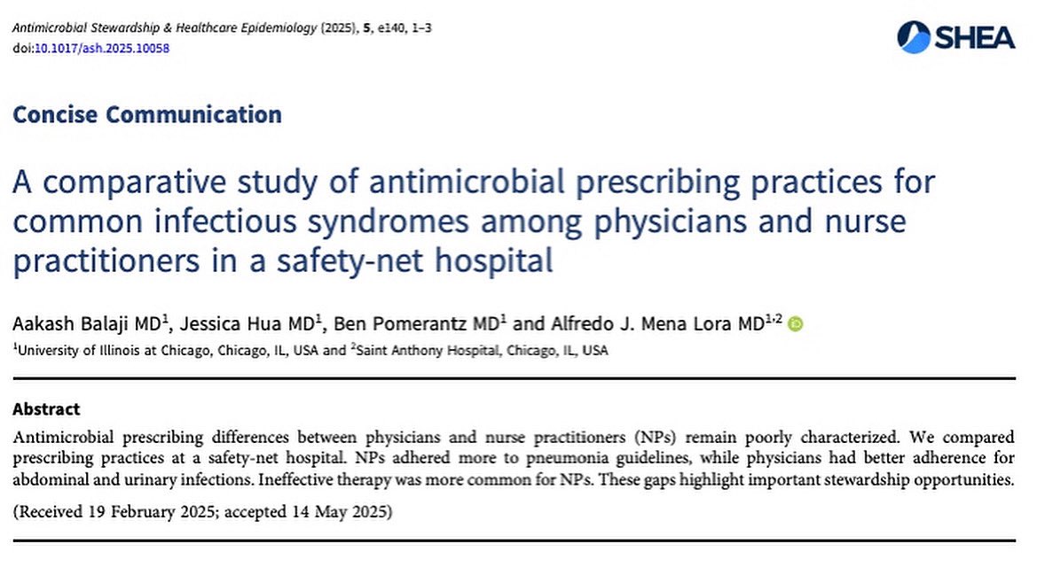 In this manuscript, inpatient antimicrobial use highlighted prescribing differences between MDs and NPs and stewardship opportunities. Three IM residents &amp; future ID docs led this project, reflecting our commitment to mentorship and training the next generation of ID leaders!
