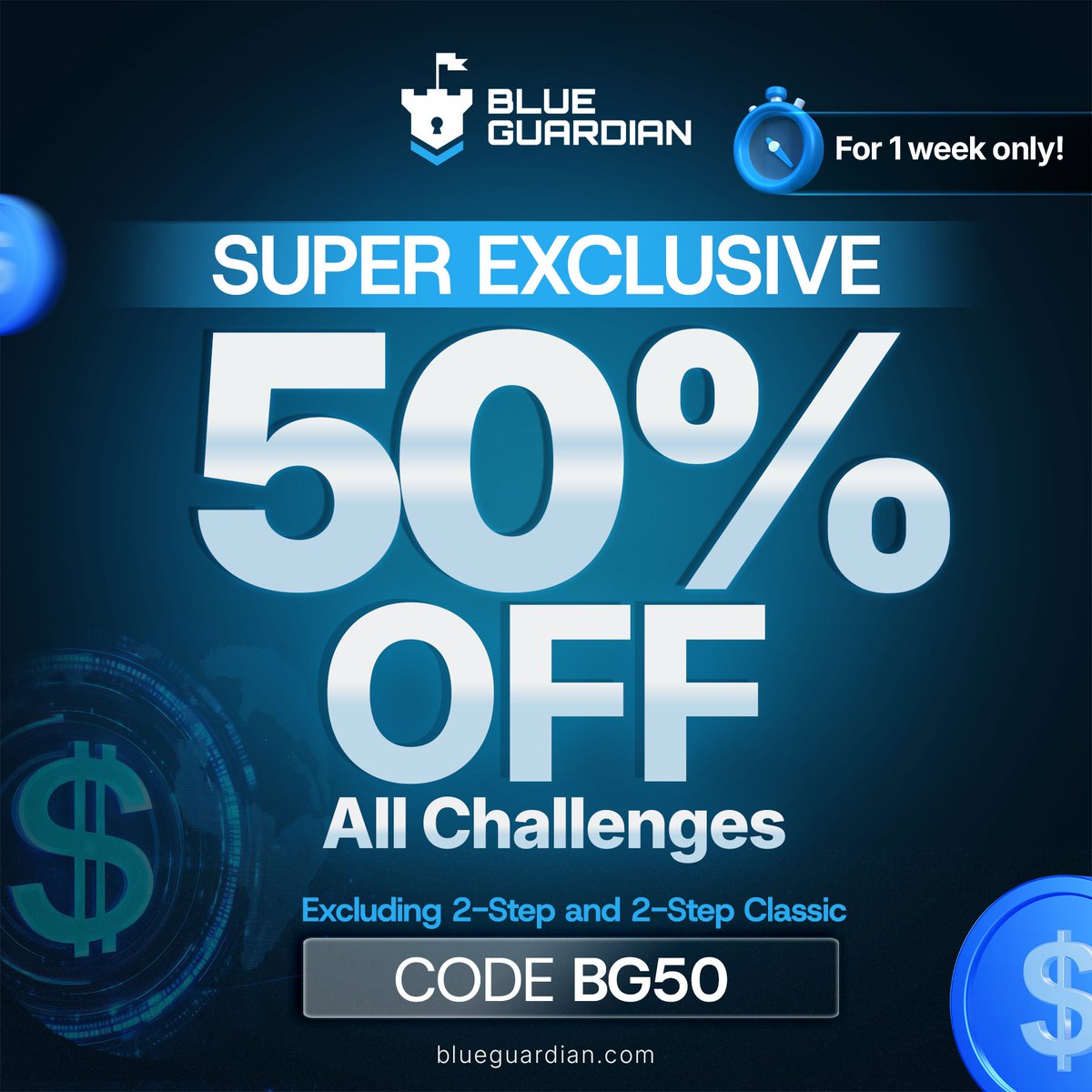 GET 50% off all challenges excluding 2 step and 2 step classic 

use code BG50 to get 50% off 

use link in bio to purchase