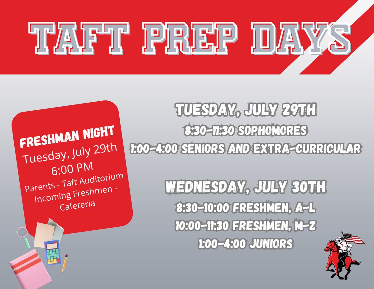 Taft Community, we are excited to share our Prep Days and Freshman Night information! See the flyer for more info. Can’t wait to welcome you all! #successstartshere