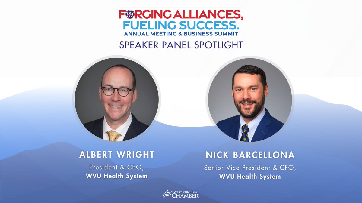 WVaChamber's tweet image. We're excited to announce that Albert Wright, President & CEO and Nick Barcellona, Senior VP & CFO of @WestVirginiaU Medicine, will be speaking at the 89th Annual Meeting & Business Summit!
Don't miss out! Register & view the planning agenda here: tinyurl.com/2025ChamberAnn…