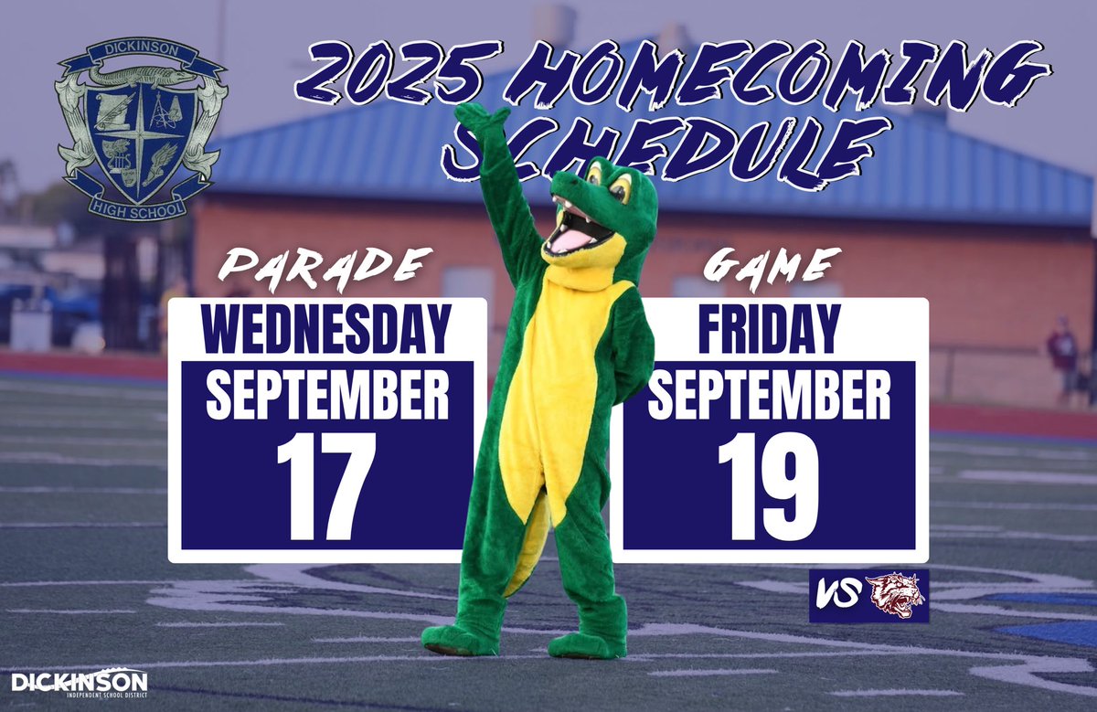 📅 Mark your calendars, Gator Nation!

We’re a little over 2️⃣ months away from Homecoming Week 2025, and the countdown is on! 🐊

🎉 Parade: Wednesday, September 17 at 5:30 p.m.
🏈 Homecoming Game: Friday, September 19 at 7 p.m. vs Clear Creek