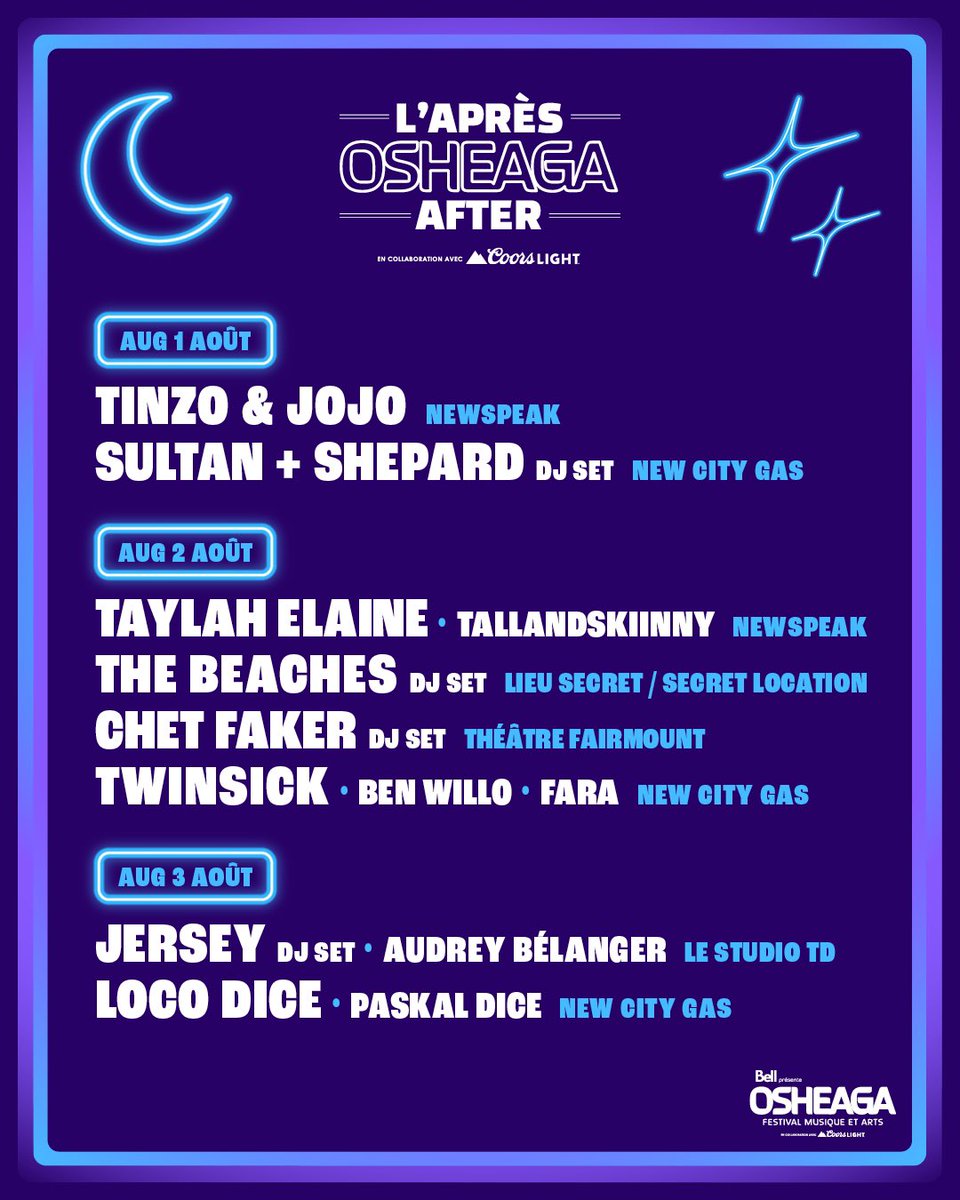 osheaga's tweet image. 3 jours de festival, mais aussi 3 jours d’après-party ! 🪩
C’est ici qu’on veut vous retrouver pour l’Après OSHEAGA en collaboration avec @CoorsLight 👆
Billets en vente dès demain, 10h
⭐️ osheaga.com/fr/lapres-oshe…
Afterparty anyone? 😎 Here are all the Official OSHEAGA…