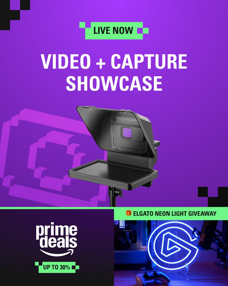 We're live now to answer your questions about our Prime Day deals. 🎉

Tune in for a special Q&amp;A and live demos on:
• 4K X, HD60 X, Video Capture
• Facecam, Key Light, Key Light Neo
• Cam Link 4K
• Prompter

🎁 Elgato Neon Light giveaway

➜ twitch.tv/elgato