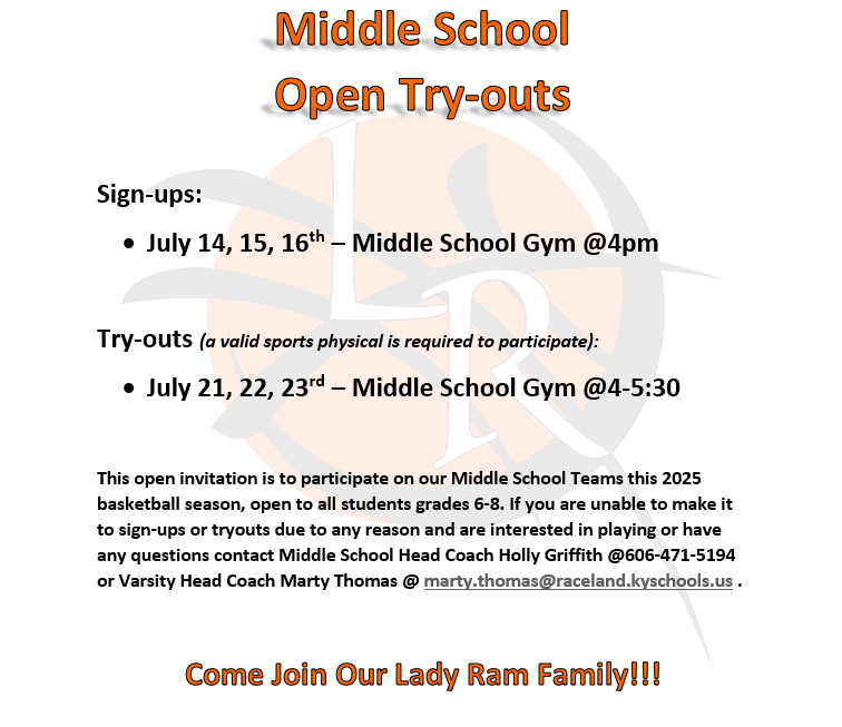Girls grades 6-8 
RWMS <a href="/RacelandHoops/">RacelandGirl'sHoops</a> tryout information:
