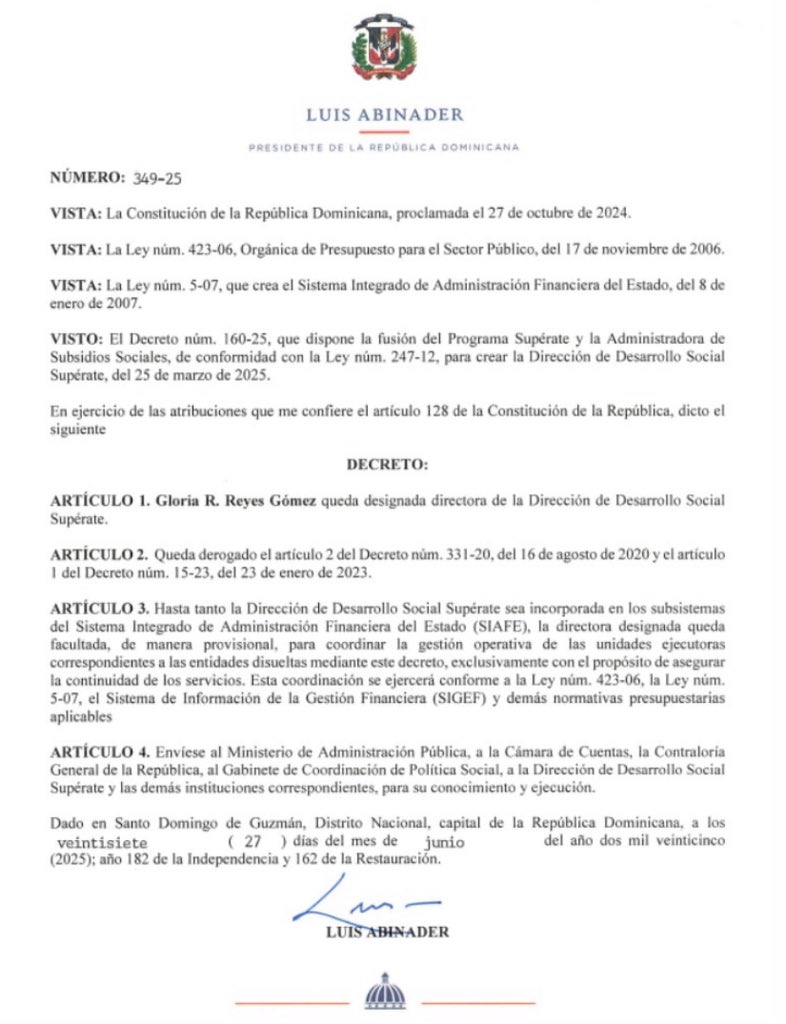 Foco Político (@focopolitico00) on Twitter photo El presidente <a href="/luisabinader/">Luis Abinader</a> emite el Decreto núm. 349-25, mediante el cual se establece oficialmente la estructura operativa y los programas de la recién creada Dirección de Desarrollo Social Supérate <a href="/SuperateRDO/">Supérate</a> <a href="/AdessRD/">Adm. de Subsidios Sociales</a> <a href="/PresidenciaRD/">Presidencia de la República Dominicana</a> El presidente <a href="/luisabinader/">Luis Abinader</a> emite el Decreto núm. 349-25, mediante el cual se establece oficialmente la estructura operativa y los programas de la recién creada Dirección de Desarrollo Social Supérate <a href="/SuperateRDO/">Supérate</a> <a href="/AdessRD/">Adm. de Subsidios Sociales</a> <a href="/PresidenciaRD/">Presidencia de la República Dominicana</a>