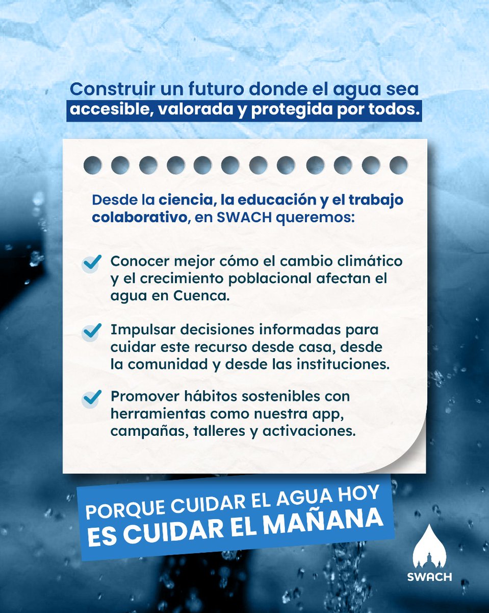 💧 En SWACH creemos que el futuro del agua se construye con ciencia, acción y comunidad.
Cada paso busca asegurar que el agua siga fluyendo para todos. 🌍
¡Súmate al cambio y sé parte de la solución!