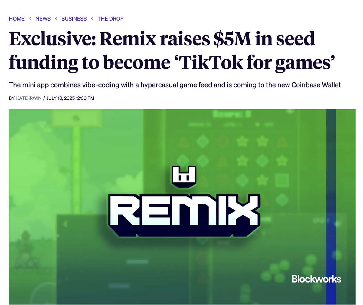 NEW: <a href="/RemixGG_/">Remix (formerly Farcade)</a> has raised $5M in seed funding in a round led by <a href="/archetypevc/">Archetype</a>, with participation from <a href="/variantfund/">Variant</a>, Coinbase Ventures, and others.

“We built this tool internally to help us build games. And we ended up building about five or six games in the first day,” Remix