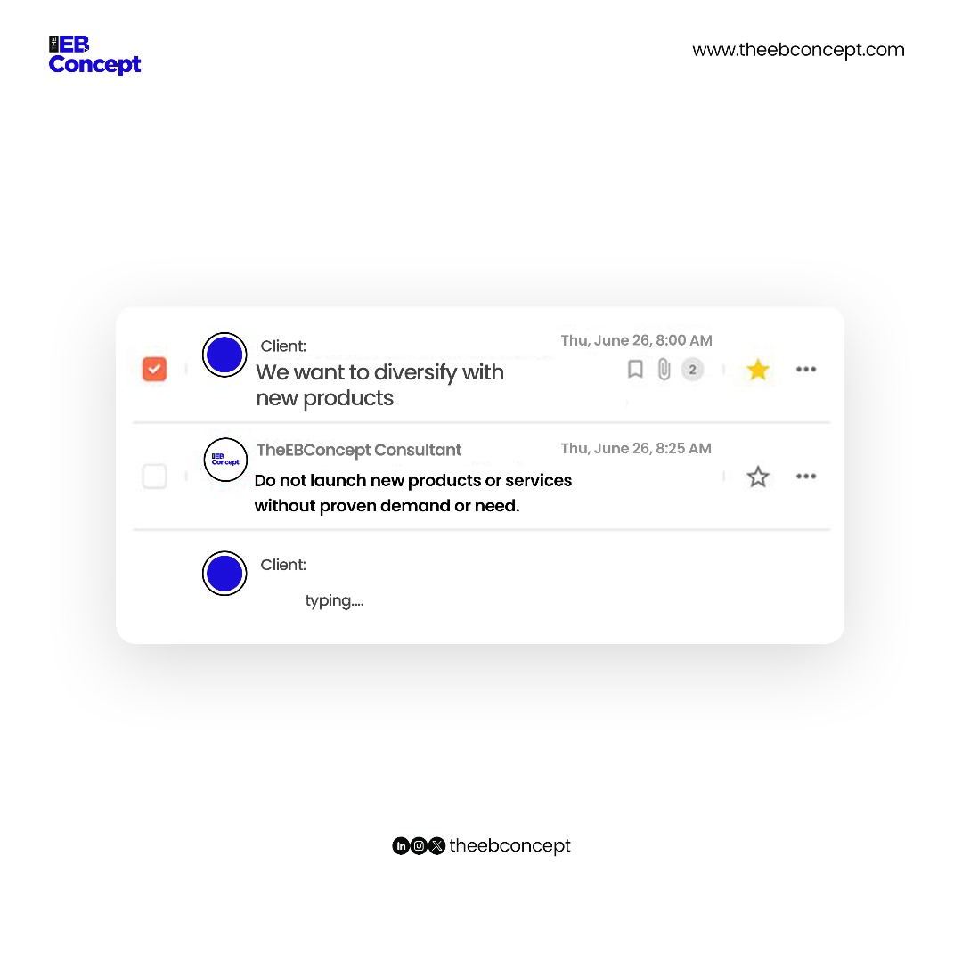 ebconcept_'s tweet photo. Are you considering diversification through a product development strategy? Launching a new add-on product or service without validating demand can drain your time, capital, and marketing efforts, often without meaningful return.
Speak to our consultant👇
https://t.co/DTDLJrBxI2 https://t.co/uB7GpJzz5J