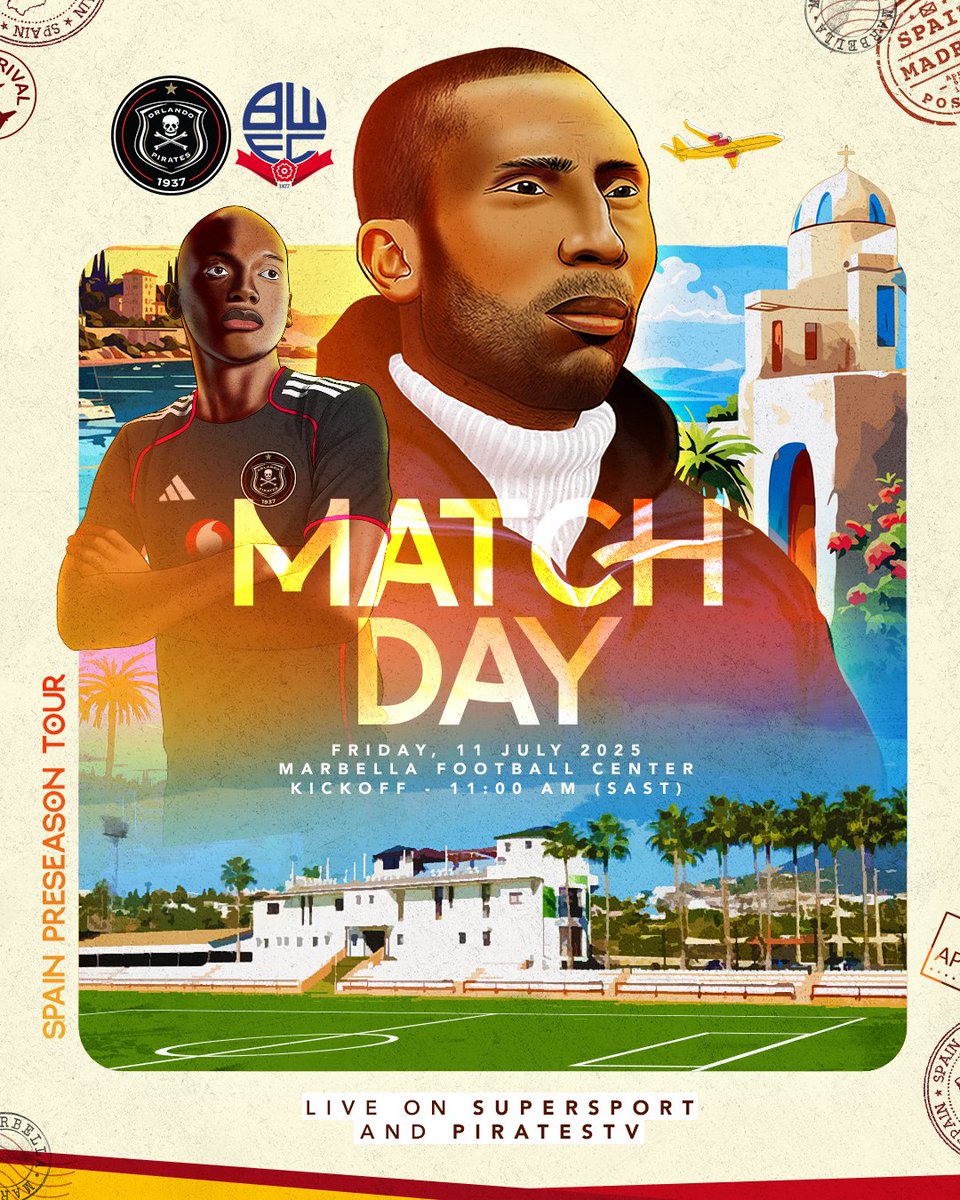 Orlando Pirates (@orlandopirates) on Twitter photo ⚪⚫️ MATCH_DAY ☠️
🤝🏿 PRE-SEASON FRIENDLY 🇪🇸
🆚 <a href="/OfficialBWFC/">Bolton Wanderers</a>
🗓 11 July 2025
⏰ 11:00 AM
🏟 <a href="/MarbellaFCenter/">Marbella Football Center</a>
📺 <a href="/SuperSportTV/">SuperSport 🏆</a> 202
📺 Pirates TV (YouTube)
⚫⚪🔴⭐
#OrlandoPirates
#OnceAlways ⚪⚫️ MATCH_DAY ☠️
🤝🏿 PRE-SEASON FRIENDLY 🇪🇸
🆚 <a href="/OfficialBWFC/">Bolton Wanderers</a>
🗓 11 July 2025
⏰ 11:00 AM
🏟 <a href="/MarbellaFCenter/">Marbella Football Center</a>
📺 <a href="/SuperSportTV/">SuperSport 🏆</a> 202
📺 Pirates TV (YouTube)
⚫⚪🔴⭐
#OrlandoPirates
#OnceAlways