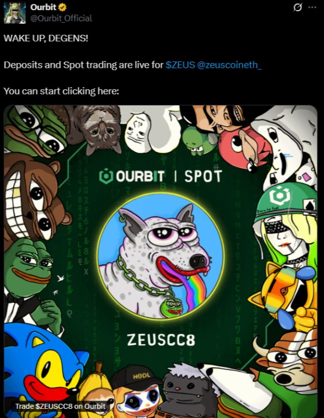 $ZEUS #CC8 <a href="/zeuscoineth_/">Zeus Community</a> is breathing new life into the meme trenches on ETH, and here’s why:

- Recently listed on both <a href="/kucoincom/">KuCoin</a> and <a href="/Ourbit_Official/">Ourbit</a> 🔥

- Fully owns the IP rights + backed by the IRL owner and the original artist

- $SHIB <a href="/Shibtoken/">Shib</a> account has interacted