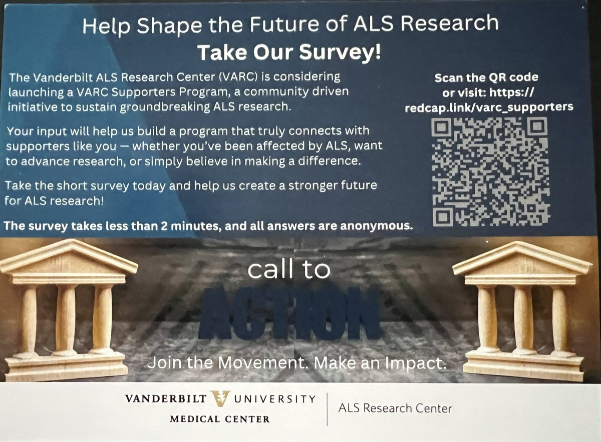 CathyStandish's tweet image. If you have a moment today, please consider taking this survey from the Vanderbilt ALS Research Center. Your participation would be greatly appreciated. It is a brief survey that requires only 2 minutes of your time. The responses collected will be instrumental in helping the…