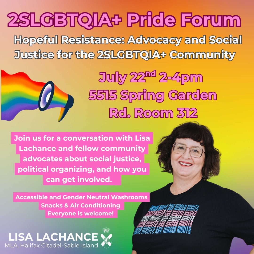 Join us for an in person 2SLGBTQIA+ Forum! On July 22nd from 2-4pm we will be hosting a conversation with fellow community advocates about social justice, political organizing, and you can be involved in your community! 

July 22nd from 2-4pm at 5516 Spring Garden Road room 312!