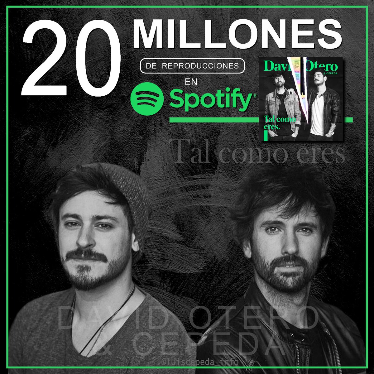 LuisCepedaInfo's tweet photo. 🎶 | #TalComoEres la colaboración que unió a @davidotero y a @cepedaoficial supera los 20 MILLONES de reproducciones en Spotify 🎉 https://t.co/ausXIsTQbN