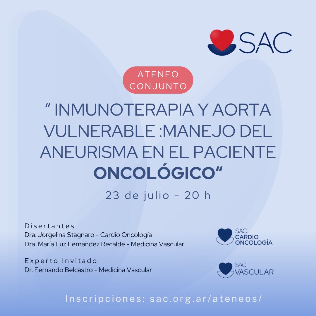 conmedvasc's tweet photo. Se viene Ateneo Interconsejos!!! El jueves 23/7 a las 20 hs el Consejo de Medicina Vascular y de Cardiooncología de SAC presentarán su ateneo conjunto. Link de inscripción: https://t.co/wVFTfmes41 https://t.co/GFfqiRAlcZ