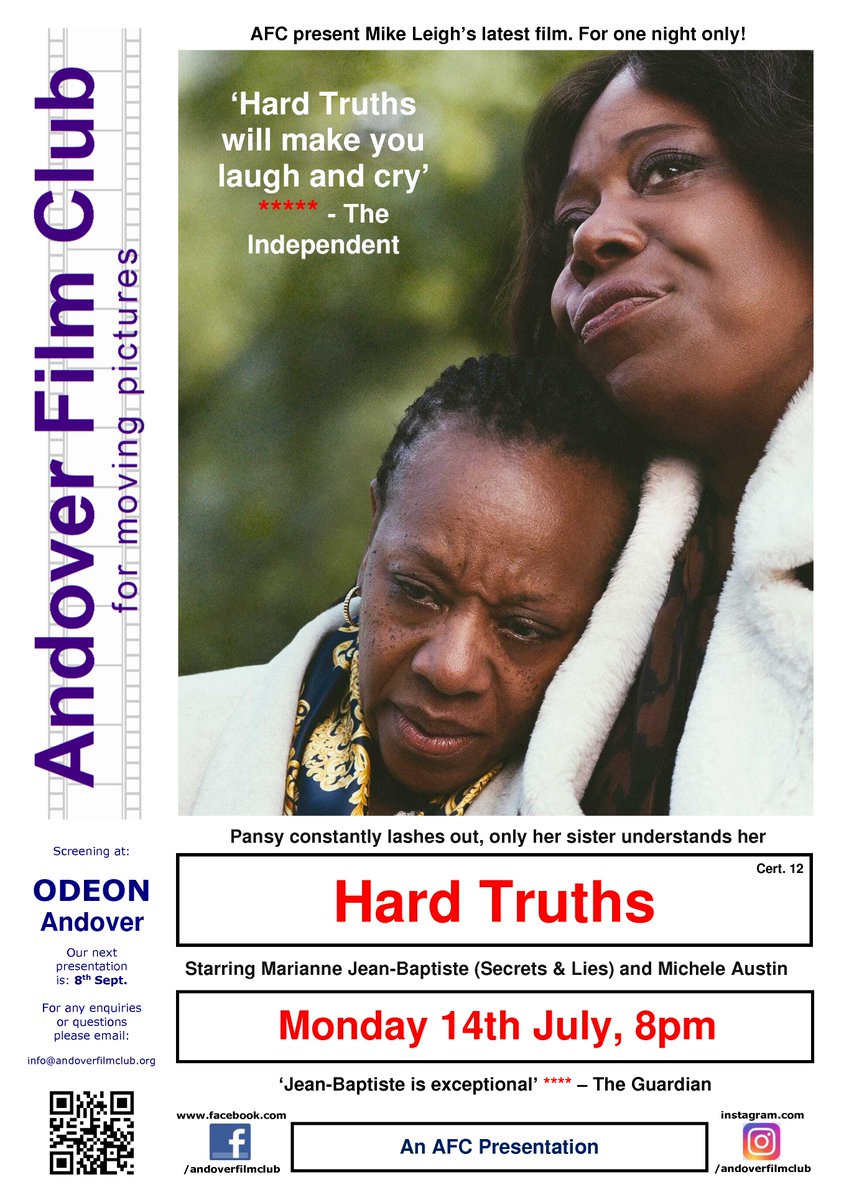 AndoverFilmClub's tweet photo. This Monday, 8pm, ODEON #Andover Mike Leigh's Hard Truths. Pansy clashes with her family, only her sister can communicate with her. It's only a matter of time until family matters come to a head..... Tickets, £6.50, here: https://t.co/iZ2OpUm2sK https://t.co/Y6hTLMjRVy